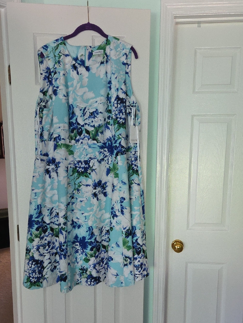 Calvin Klein Blue & White Floral Cold-Shoulder Midi Dress